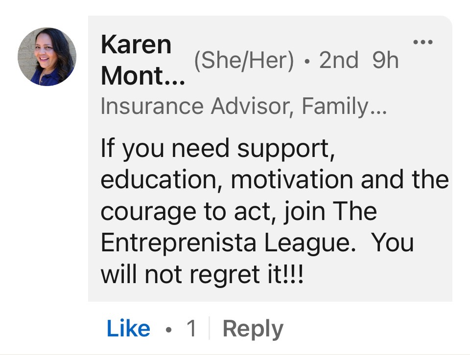 LinkedIn comment from Karen, Insurance Advisor: If you need support, education, motivation and the courage to act, join The Entreprenista League. You will not regret it!